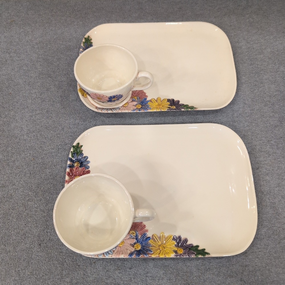 Vintage Aurillia Hand Painted Floral Ceramic Snack Set Cup and Tray 4pc VG - Picture 2 of 6